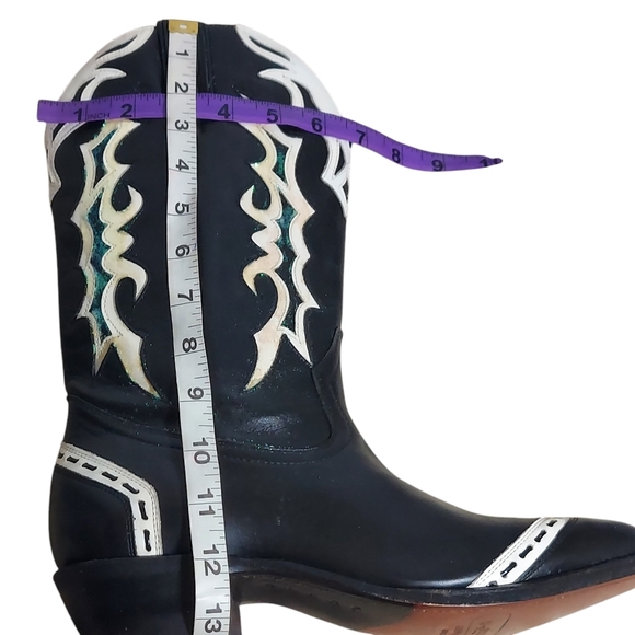 Boulet Black White Leather Glitter Overlays Pointed Toe Western Boots Women's - Picture 10 of 16